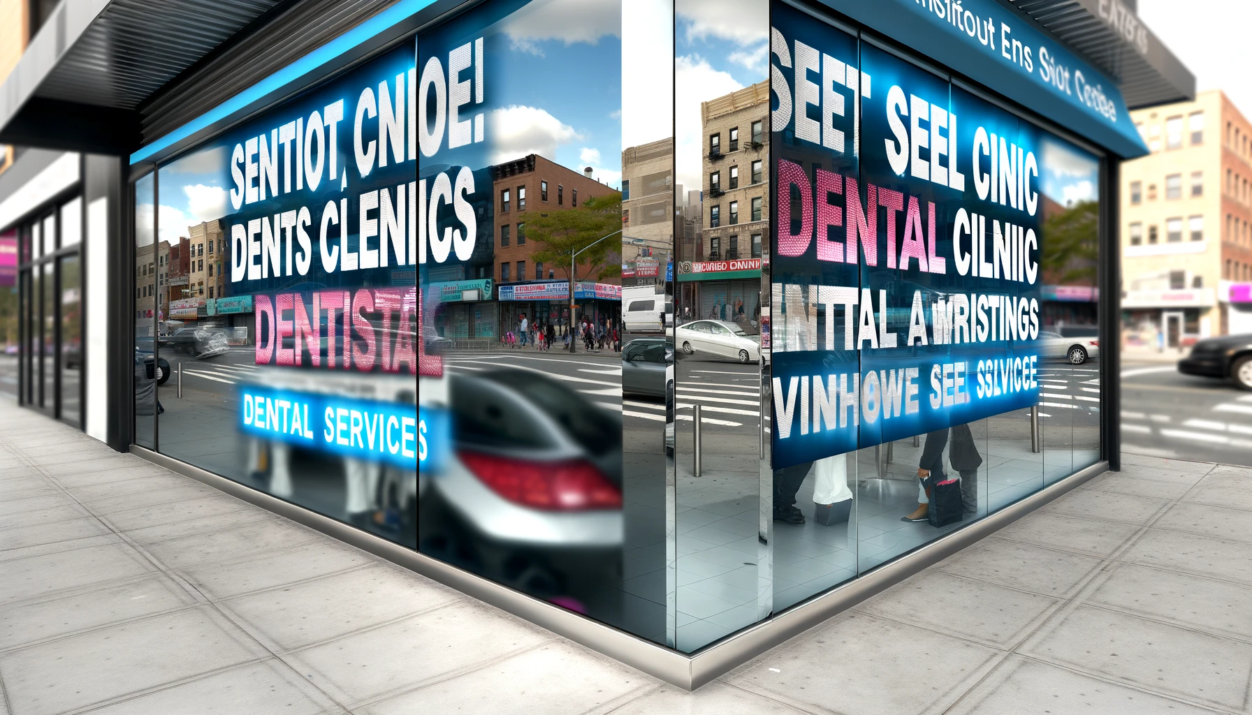 DALL·E 2024-05-09 09.29.46 - A highly realistic panoramic view of a dental clinic's glass storefront, wrapped in meticulously designed vinyl advertising. The graphics feature erro